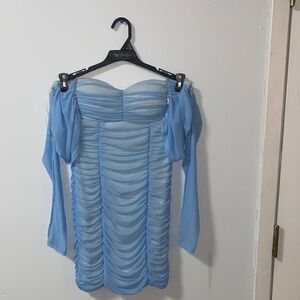 Fashion Nova Light Blue Ruched Long Sleeve Dress
